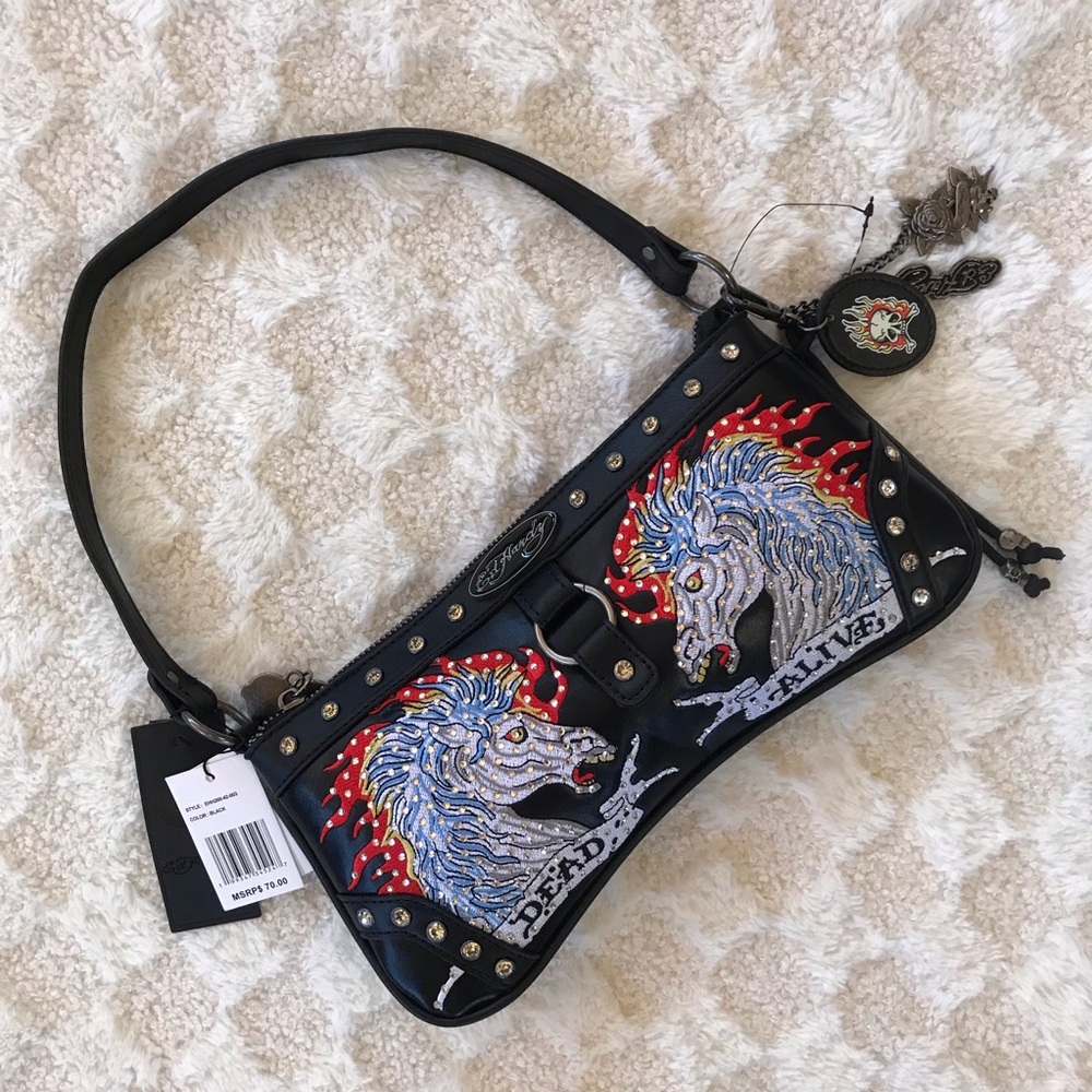 Ed Hardy NWOT Horse Themed Rhinestone With Charms Shoulder Bag